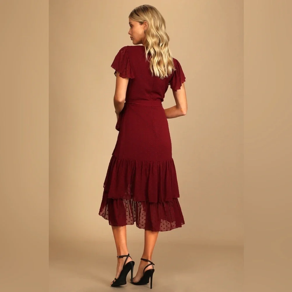NWT Lulus Have Harmony Maroon Red Swiss Dot Ruffled Faux Wrap Midi Dress